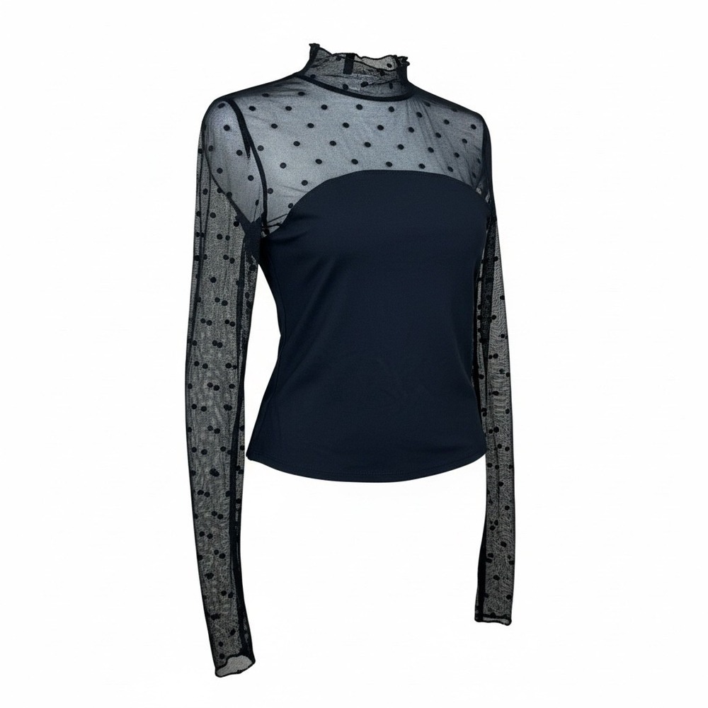 Intimately‎ Free People Black Polka Dot Mesh Mock Neck Long Sleeve Top Small